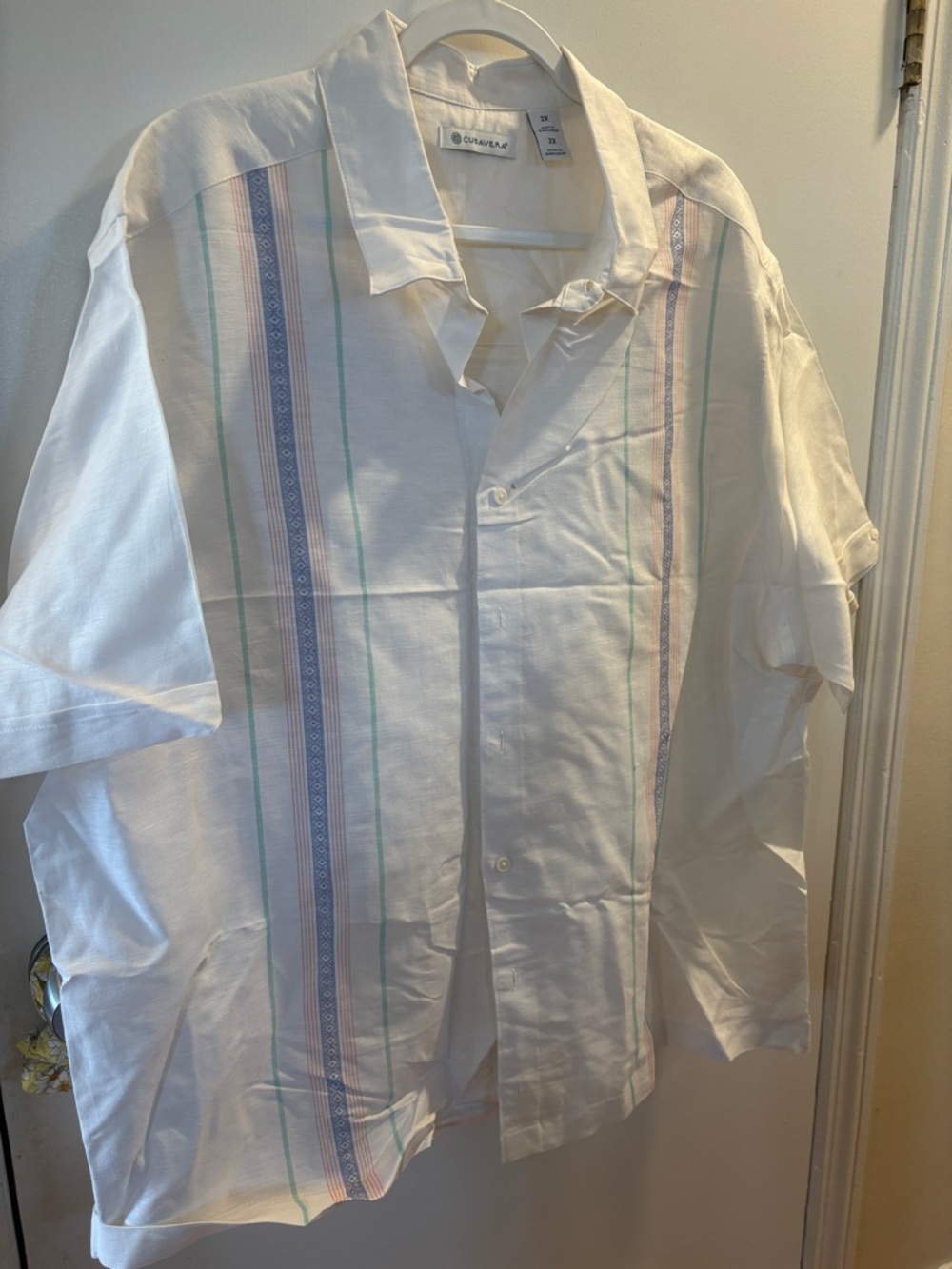 Cubavera White Short-Sleeve Button-Down with Blue Pink and Green Stripes